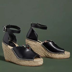 Seychelles Black Leather Espadrille Wedges with Rope Platform